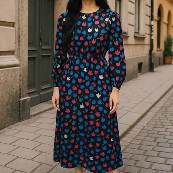 J. Crew Womens Size 8 Crinkle Ruffle Tiered Midi Dress Black Dark Floral Modest - Picture 2 of 11